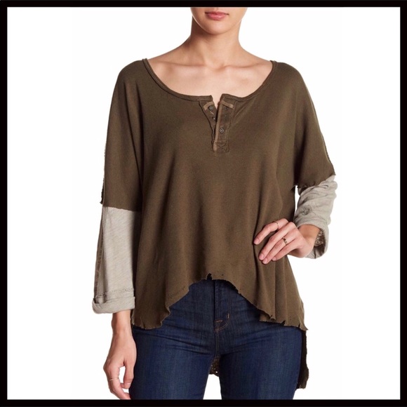 FREE PEOPLE LONG SLEEVES HENLEY HI-LO TEE TOP A3C - Picture 2 of 8